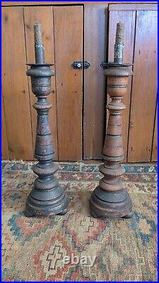 Rare Pair Antique Early Primitive Wood Pillar Metal Candleholders 21 Patina