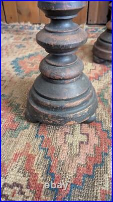 Rare Pair Antique Early Primitive Wood Pillar Metal Candleholders 21 Patina