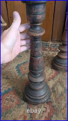 Rare Pair Antique Early Primitive Wood Pillar Metal Candleholders 21 Patina