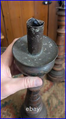 Rare Pair Antique Early Primitive Wood Pillar Metal Candleholders 21 Patina