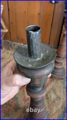 Rare Pair Antique Early Primitive Wood Pillar Metal Candleholders 21 Patina