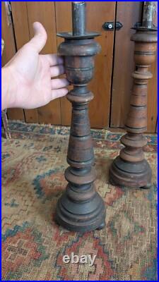 Rare Pair Antique Early Primitive Wood Pillar Metal Candleholders 21 Patina