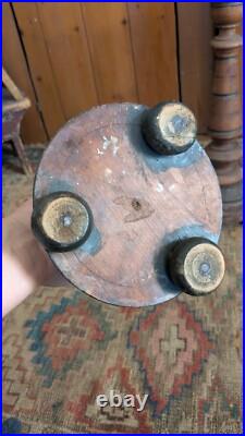 Rare Pair Antique Early Primitive Wood Pillar Metal Candleholders 21 Patina