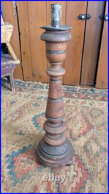 Rare Pair Antique Early Primitive Wood Pillar Metal Candleholders 21 Patina