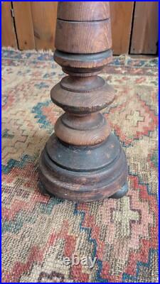 Rare Pair Antique Early Primitive Wood Pillar Metal Candleholders 21 Patina