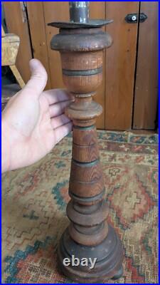 Rare Pair Antique Early Primitive Wood Pillar Metal Candleholders 21 Patina