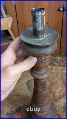 Rare Pair Antique Early Primitive Wood Pillar Metal Candleholders 21 Patina