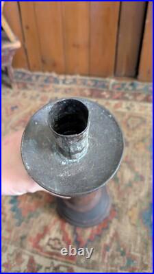 Rare Pair Antique Early Primitive Wood Pillar Metal Candleholders 21 Patina