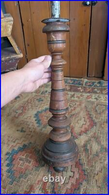 Rare Pair Antique Early Primitive Wood Pillar Metal Candleholders 21 Patina