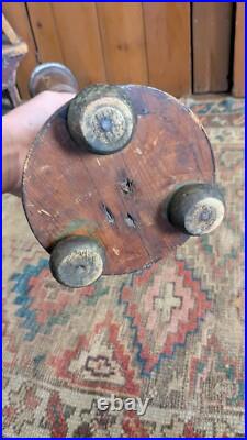 Rare Pair Antique Early Primitive Wood Pillar Metal Candleholders 21 Patina
