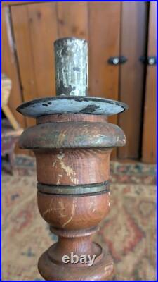 Rare Pair Antique Early Primitive Wood Pillar Metal Candleholders 21 Patina