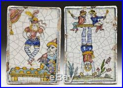 Rare Pair Antique Italian Maiolica Tiles With Entertainers Early 19th C
