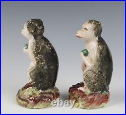 Rare Pair Antique Staffordshire Monkey Figurines Figure Primate 19th C. Pottery