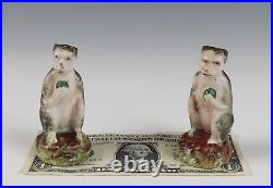 Rare Pair Antique Staffordshire Monkey Figurines Figure Primate 19th C. Pottery