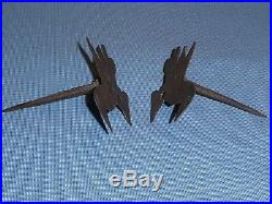 Rare Pair Early Old Wrought Iron Folk Art Bird Betty Fat Lamp Hook Holder Spikes