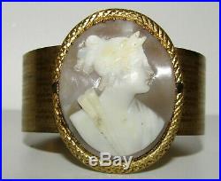 Rare Pair Of Antique Early Victorian Carved Shell Cameo Bangles, Goddess Victoria