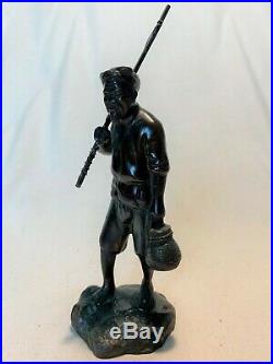 Rare Southeast Annam French Indochina Bronze Statue Fisherman Early 20th Century