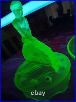 Rare Uranium Green Frosted & Clear Art Deco Boy on the Fish Float Bowl 1920/30's