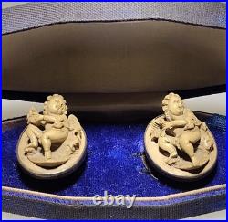 Rare Vintage Antique Early Victorian Silver Hand Craved Lava Putti Cufflinks