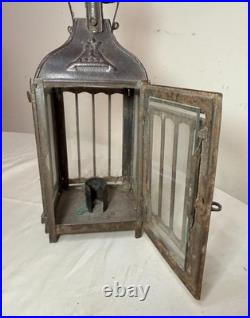 Rare antique early 19th century French #1 steel glass candle holder lantern