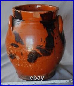 Rare antique redware crock urn manganese splotch ear handles early 19th century Rare antique redware crock urn manganese splotch ear handles early 19th century