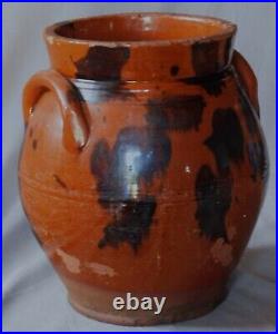Rare antique redware crock urn manganese splotch ear handles early 19th century Rare antique redware crock urn manganese splotch ear handles early 19th century