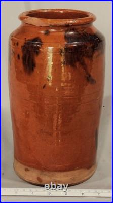 Rare antique redware vase urn glazed manganese splotch early 19th c. Decorated