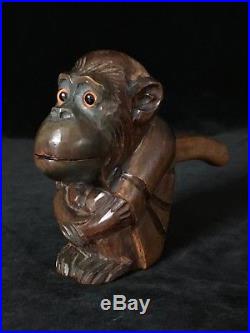 SEATED MONKEY Antique Wooden NUTCRACKER- Hand Carved, Rare Charming Early 20th C