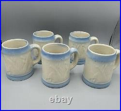Set of 5 Antique Early American 1900s Blue White Stoneware Cattails Mug Cup Rare