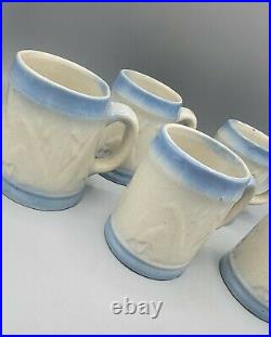 Set of 5 Antique Early American 1900s Blue White Stoneware Cattails Mug Cup Rare