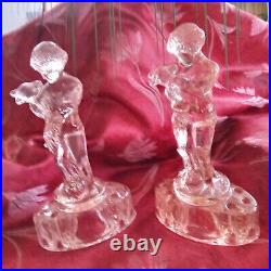 Ultra Rare Clear Light Pink Pair of Two Kids Figurine Flower Frog Depression Era