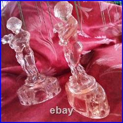 Ultra Rare Clear Light Pink Pair of Two Kids Figurine Flower Frog Depression Era