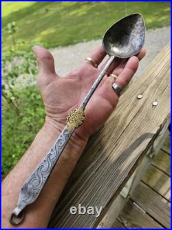 Ultra Rare Late 17th Early 18th C Stuffing Spoon Wrought Iron Brass Whitesmith