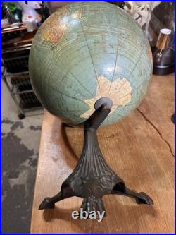 VERY RARE! Antique DATED 1909 Terrestrial Globe 12 Cast Iron Trifoot Stand