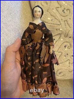 Very Rare 7.25 Early Ca 1860-70 China Doll With Unusual Hairstyle Orignal Dress