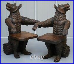 Very Rare Pair Of Original Early 20th Century Black Forest Wood Bear Armchairs