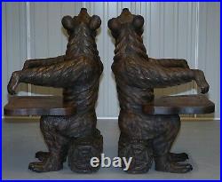 Very Rare Pair Of Original Early 20th Century Black Forest Wood Bear Armchairs