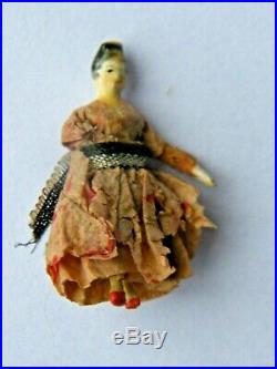 Very Rare Two Tiny Early Antique Grodnertal Wooden Comb Tuck Peg Doll/Dolls 2cm