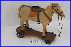 Vintage Antique Early 1900's Rare Pull Horse Toy On Board With Metal Wheels Rare