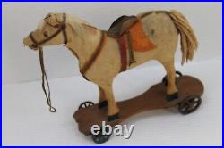 Vintage Antique Early 1900's Rare Pull Horse Toy On Board With Metal Wheels Rare