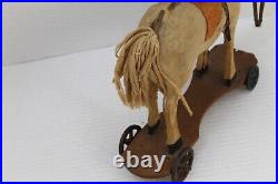 Vintage Antique Early 1900's Rare Pull Horse Toy On Board With Metal Wheels Rare