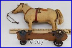 Vintage Antique Early 1900's Rare Pull Horse Toy On Board With Metal Wheels Rare