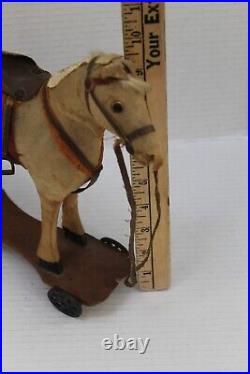 Vintage Antique Early 1900's Rare Pull Horse Toy On Board With Metal Wheels Rare