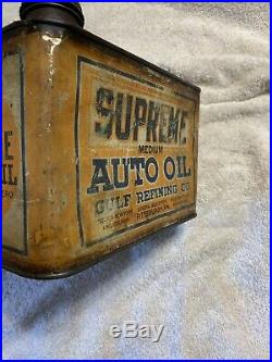 Vintage Early Rare Antique Supreme Auto Oil Gulf Refining Co One Gallon Oil Can