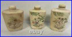 X3 RARE ANTIQUE CHINESE 2 Sided HAND CARVED Risque SNUFF BOTTLES 3 H